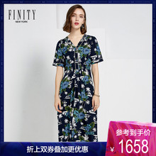 FINITY真丝连衣裙春季新款V领气质印花裙子收腰显瘦a字裙图片
