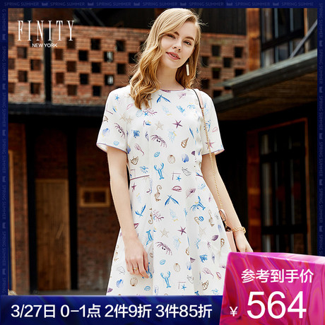 FINITY春夏款女印花桑蚕丝连衣裙真丝复古裙子女商品大图