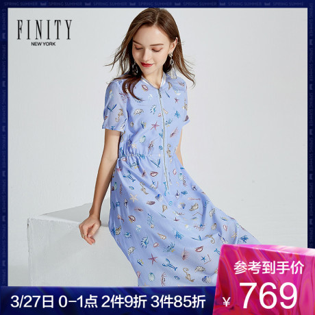 FINITY女装春夏装新款女士真丝连衣裙印花桑蚕丝A字裙商品大图