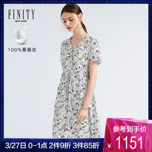 FINITY真丝a字裙子2019春夏新款V领高腰优雅气质印花桑蚕丝连衣裙图片