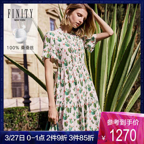 FINITY荷叶边裙子女2019夏装新款宽松气质木耳边印花真丝连衣裙商品大图