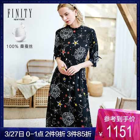 FINITY黑色碎花裙子女2019夏季新款花边领过膝长款真丝印花连衣裙商品大图