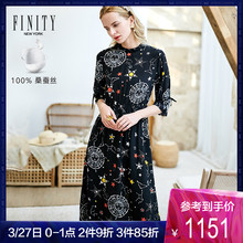 FINITY黑色碎花裙子女2019夏季新款花边领过膝长款真丝印花连衣裙图片