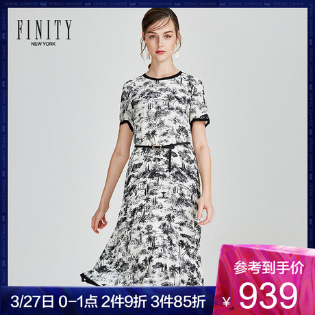 FINITY夏装新款真丝连衣裙女印花短袖裙子宽松短款桑蚕丝裙商品大图