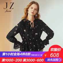 JUZUI/玖姿旗舰店2018秋装系带荷叶边印花雪纺小衫女上衣收腰图片