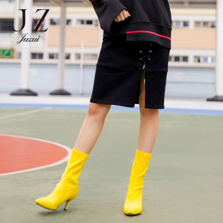 JUZUI/玖姿旗舰店2018秋装新款黑色绑带水洗牛仔裙半身裙女商品大图