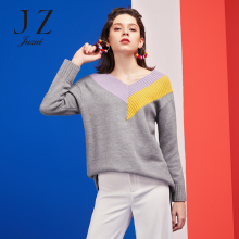 JUZUI/玖姿旗舰店2018冬装新款大V领拼接羊毛混纺针织毛衫女图片