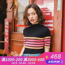 JUZUI/玖姿旗舰店2018秋装新款修身条纹短袖套头上衣女针织衫图片
