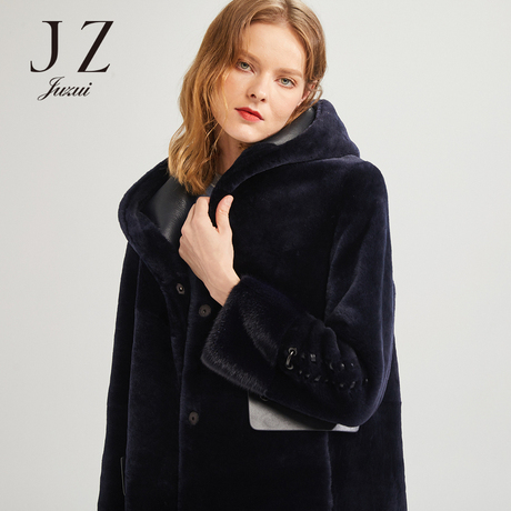 双十一预售 玖姿旗舰店2018冬季皮毛一体外套羊剪绒中长大衣商品大图
