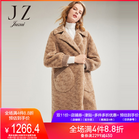 预售 玖姿旗舰店2018冬装新款西装领复合蒙古毛羊毛中长大衣商品大图