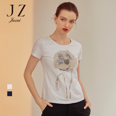 JUZUI/玖姿旗舰店2018秋装新款亮片绣花显瘦短袖棉T恤女上衣商品大图