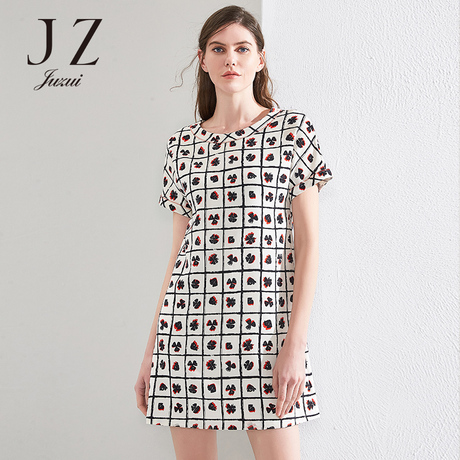 JUZUI/玖姿2018夏装新款气质真丝宽松连衣裙女短袖中长裙商品大图