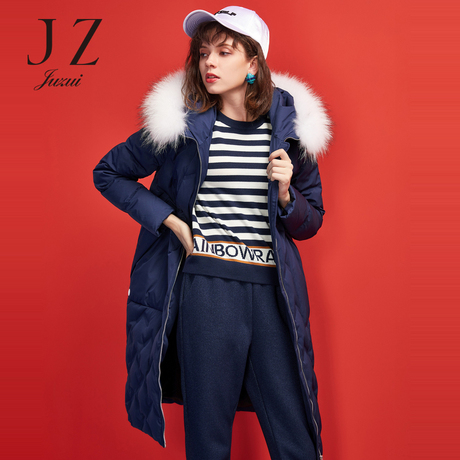 JUZUI/玖姿旗舰店2018冬装新款可拆卸毛领长款白鸭绒羽绒服女商品大图