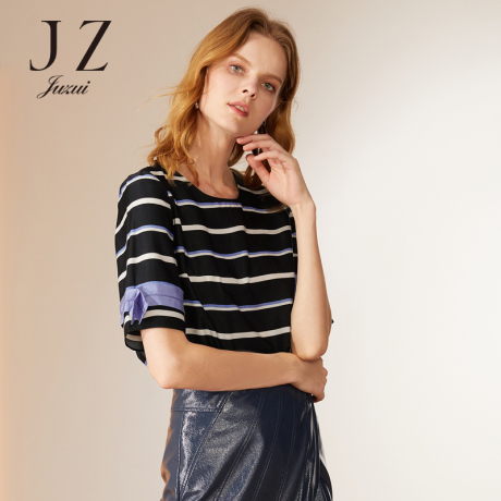JUZUI/玖姿旗舰店2018秋季新款圆领复古做旧条纹短袖上衣女商品大图
