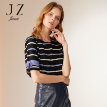 JUZUI/玖姿旗舰店2018秋季新款圆领复古做旧条纹短袖上衣女图片