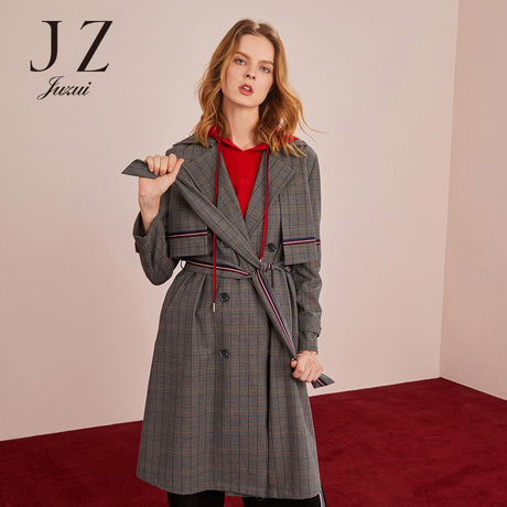 JUZUI/玖姿旗舰店2018秋装新款复古细格纹大翻领风衣女外套商品大图
