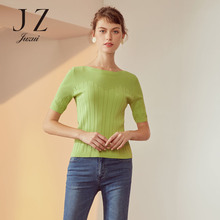 JUZUI/玖姿2018春装新款纯色修身透气中袖圆领套头针织小衫女图片