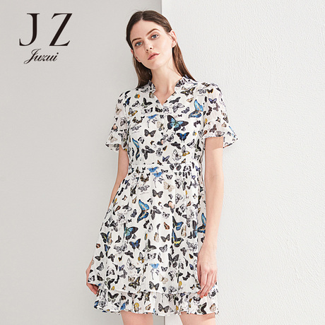JUZUI/玖姿旗舰店2018夏季新款V领中长裙雪纺碎花连衣裙女商品大图