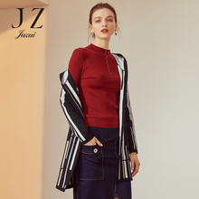 JUZUI/玖姿旗舰店2018秋装时尚竖条纹连帽长袖中长款针织外套图片