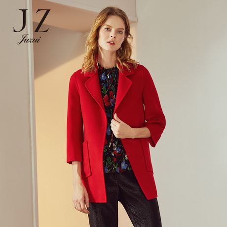 JUZUI/玖姿旗舰店2018冬装新款红色双面呢中长款羊毛大衣女装商品大图