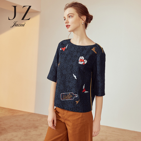JUZUI/玖姿旗舰店秋装蕾丝绣花圆领短袖小衫女上衣2018新款商品大图