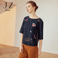 JUZUI/玖姿旗舰店秋装蕾丝绣花圆领短袖小衫女上衣2018新款图片