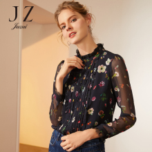JUZUI/玖姿旗舰店2018秋装新款压褶睫毛蕾丝长袖碎花小衫上衣图片