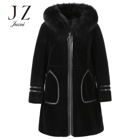 JUZUI/玖姿2018冬新款狐狸毛领连帽皮毛一体女皮草大衣商品大图
