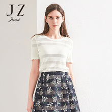 JUZUI/玖姿旗舰店2018夏季新款淡雅花边圆领短袖毛针织衫上衣图片