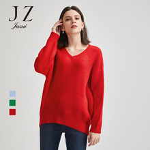 JUZUI/玖姿旗舰店2018冬装时尚V领慵懒风廓形针织套头毛衣女图片