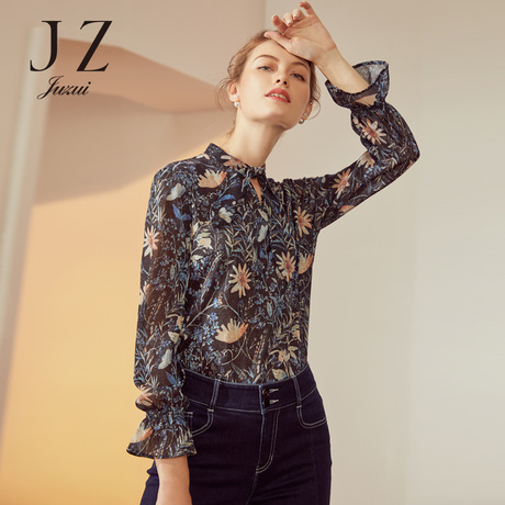 JUZUI/玖姿旗舰店2018秋装新款系带V领亮丝混纺针织衫上衣商品大图
