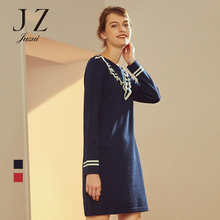 JUZUI/玖姿旗舰店2018冬装撞色假V领中长款针织衫连衣裙毛衫图片