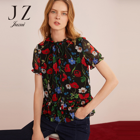 JUZUI/玖姿旗舰店2018夏装新款木耳领系带印花衬衫女短袖上衣商品大图