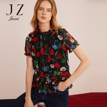 JUZUI/玖姿旗舰店2018夏装新款木耳领系带印花衬衫女短袖上衣图片