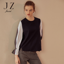JUZUI/玖姿旗舰店2018秋装新款时尚黑白撞色拼接套头上衣女图片