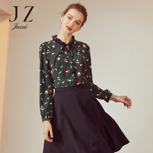JUZUI/玖姿旗舰店2018秋装新款长袖碎花木耳领雪纺衬衫女上衣图片
