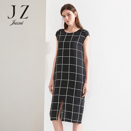 JUZUI/玖姿时尚撞色格纹宽松无袖连衣裙女2018夏新款长款裙子商品大图