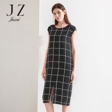 JUZUI/玖姿时尚撞色格纹宽松无袖连衣裙女2018夏新款长款裙子图片