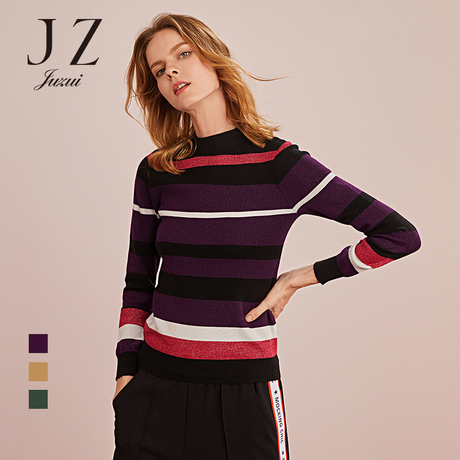 JUZUI/玖姿旗舰店2018冬装新款撞色条纹亮丝羊毛套头毛衣女商品大图