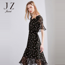 JUZUI/玖姿女裙V领雪纺连衣裙中长修身印花连衣裙夏2018新款图片