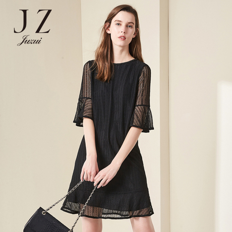JUZUI/玖姿2018夏新优雅喇叭袖中袖蕾丝连衣裙女中长款商品大图