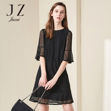 JUZUI/玖姿2018夏新优雅喇叭袖中袖蕾丝连衣裙女中长款图片
