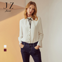 JUZUI/玖姿旗舰店2018秋丝绒系带木耳领雪纺衫长袖衬衫女上衣图片