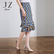JUZUI/玖姿旗舰店2018抽象印花包裙女荷叶下摆半身裙短裙图片