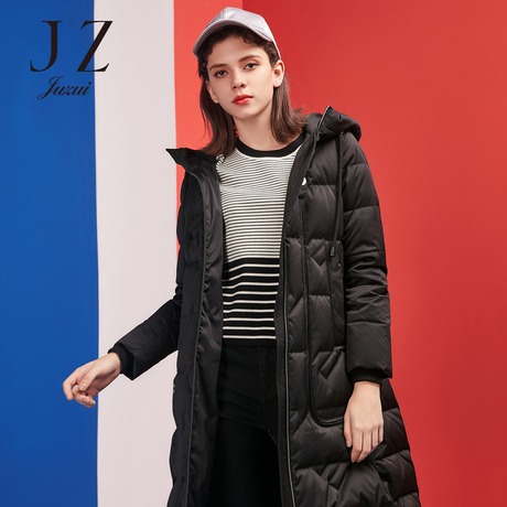 JUZUI/玖姿旗舰店2018冬装新款连帽抽绳字母长款羽绒服女外套商品大图