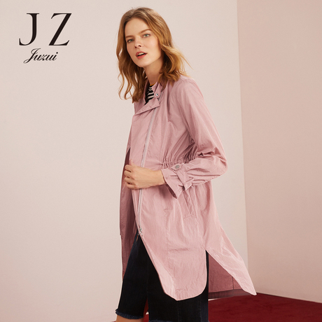 JUZUI/玖姿旗舰店中长款立领拉链时尚薄风衣女2018新款秋装商品大图