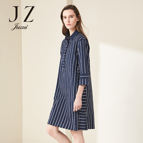 JUZUI/玖姿2017春新款时尚休闲条纹七分袖衬衫领中长款连衣裙女商品大图