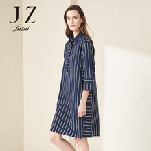 JUZUI/玖姿2017春新款时尚休闲条纹七分袖衬衫领中长款连衣裙女图片