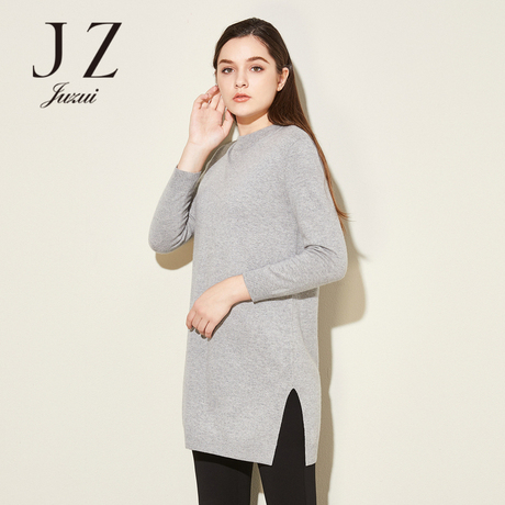 JUZUI-玖姿纯色中长款旗舰店2017新款纯色圆领毛衫女商品大图