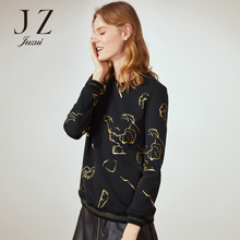 JUZUI/玖姿旗舰店2018冬装加绒胶印亮丝混纺套头卫衣女上衣图片